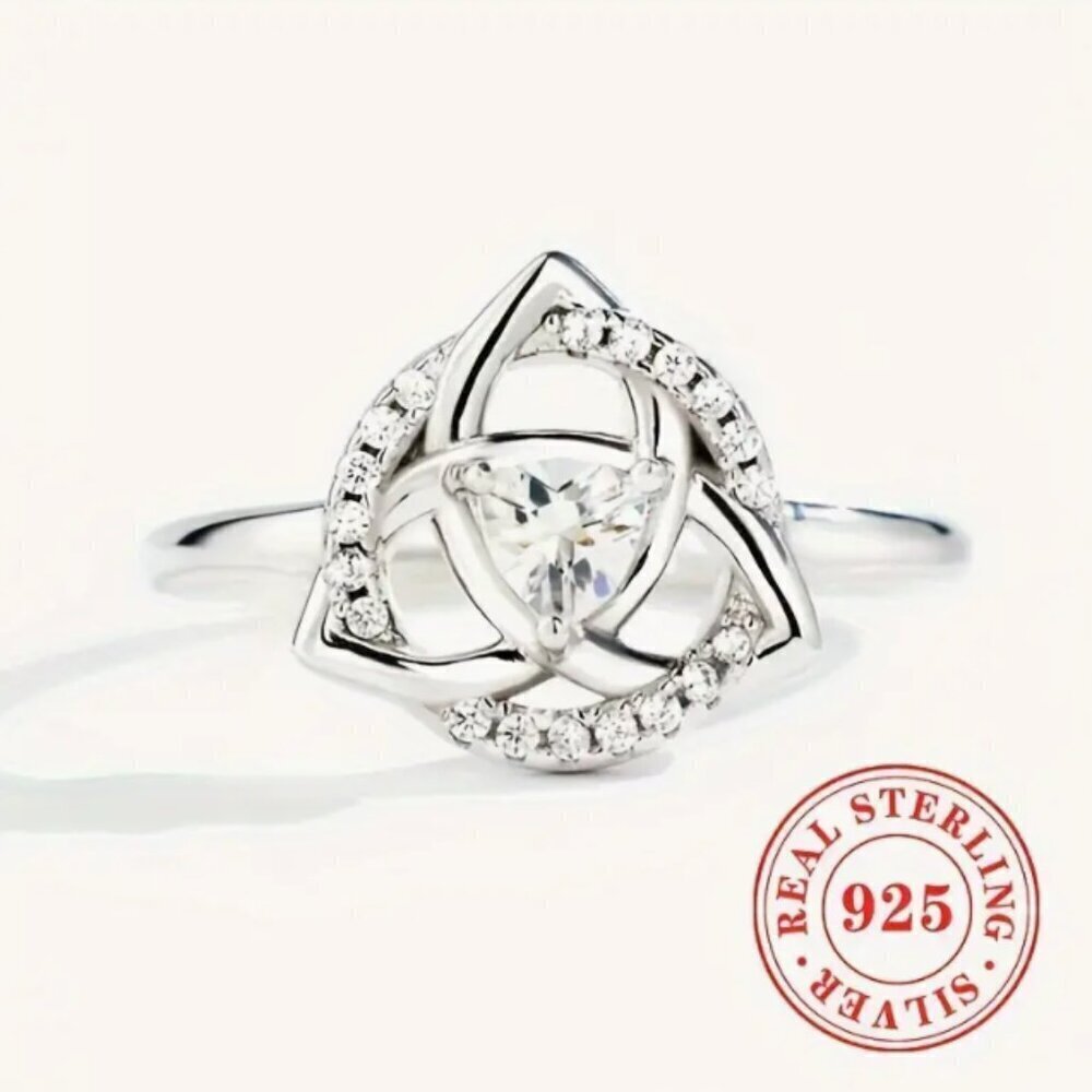 Celtic Triangle Ring Size 7 with Circle and Center Triangle Cut Zirconia
